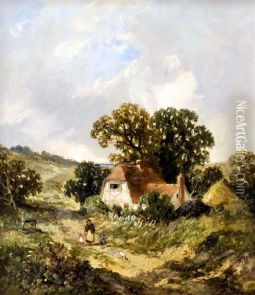 Figures On A Country Track With Half-timbered Cottage To Background Oil Painting - James E. Meadows