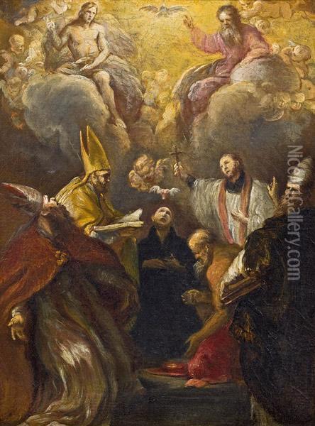 Ignatius Von Loyola, Johannes Nepomuk Und Die Vier Kirchenvater Verehren Die Hl. Dreifalitigkeit Oil Painting - Girolamo Brusaferro