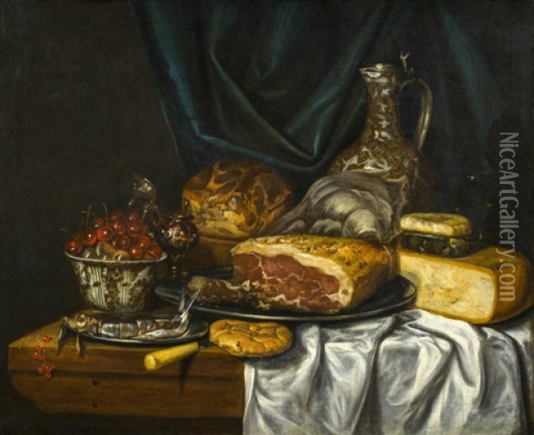 Stillleben Mit Schinken, Kase, Brot, Kirschen Und Geschirr Oil Painting - Jan van Gotingh