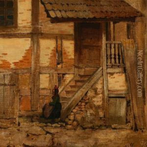 Courtyard Exterior With A Woman On A Staircase Oil Painting - Niels Wiwel
