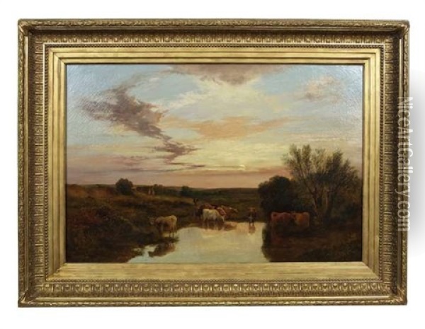 Drover With Cattle, Near Esher Surrey Oil Painting - George Shalders