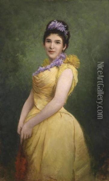 Lady In A Yellow Dress And Lilacs In Her Hair Oil Painting - Adolf Echtler
