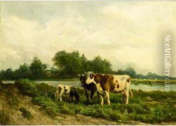 Cattle Grazing In A River Landscape Oil Painting - Hendrik Savrij