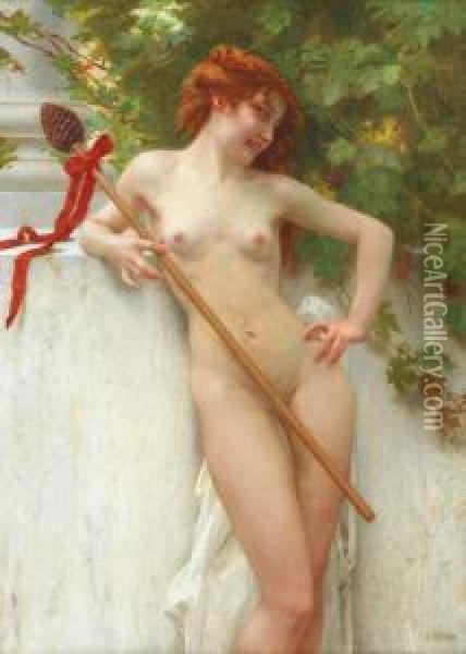 Nu De Jeune Femme Accoudee A La Colonne Tenant Le Baton De Dionysos Oil Painting - Guillaume Seignac