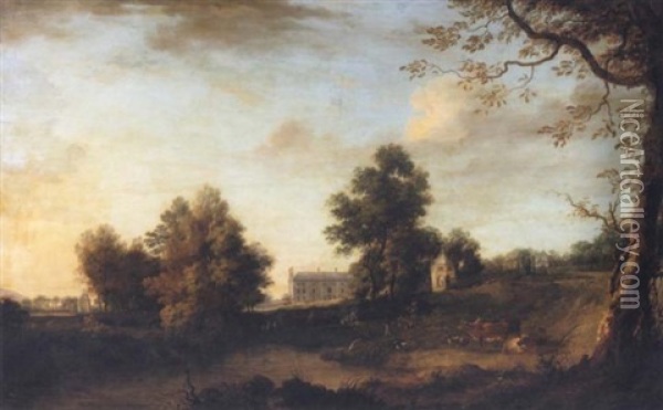 A Prospect Of Belan House, Ballitore, County Kildare, Seat Of The Earls Of Aldborough, With Cattle In The Foreground Oil Painting - William Ashford