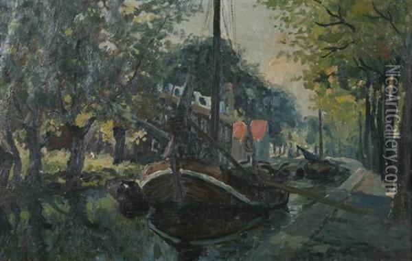 Bateau Au Canal Oil Painting - Willem Charles L. Delsaux