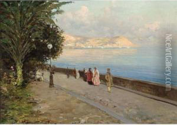 Figures On The Boulevard, Neapolitan Coast Oil Painting - Giuseppe Giardiello
