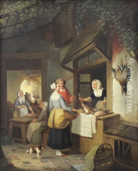 Woman Selling Fowl And Hare Oil Painting - Henri Joseph Gommarus Carpentero