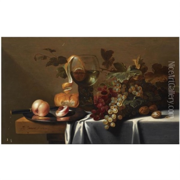 Still Life With Blue And White Grapes, Chestnuts, A Loaf Of Bread, Peaches And A Knife On A Pewter Plate, With A Peeled Lemon In A Roemer, All Arranged On A Partly Draped Table Oil Painting - Michiel Simons