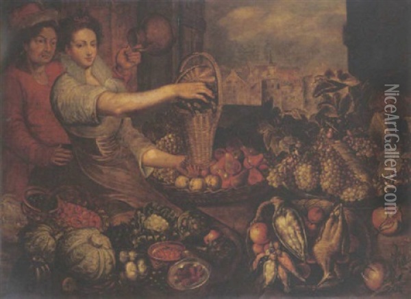 A Market Still Life With Grapes On A Pewter Plate, Pomegranates, Pears And Apples In A Baskets With Birds And A View Of A Town Through A Window Oil Painting - Joachim Beuckelaer