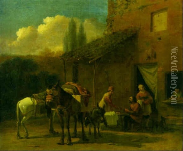 A Traveller Taking Refreshment At An Inn Oil Painting - Karel Dujardin
