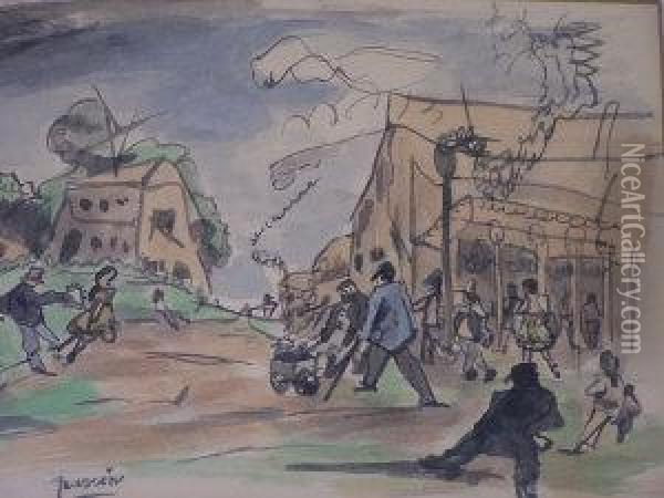 Pascin- Figures In A Village Street; Watercolour, Bears Signature, 18.5x27.5cm Oil Painting - Jules Alphonse Anthone