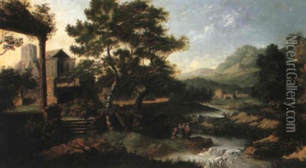 An Extensive Landscape With Figures Conversing On A River Bank Oil Painting - Franz de Paula Ferg