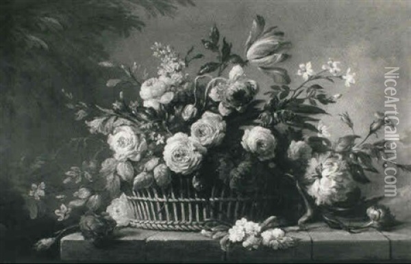 Roses, Peonies, Tulips And Other Flowers In A Basket On A   Ledge Oil Painting - Jean-Baptiste Monnoyer