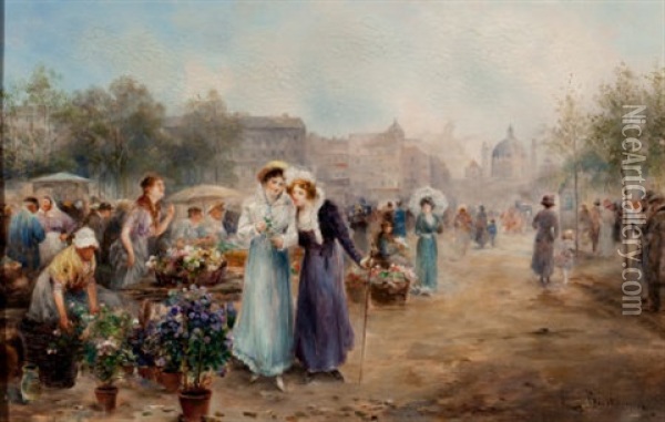 Flower Market Near Vienna's St. Charles Church Oil Painting - Emil Barbarini