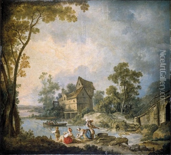 A Mill Scene With Women Washing Clothes In A River, A Boy Fishing Nearby Oil Painting - Jean-Baptiste Leprince