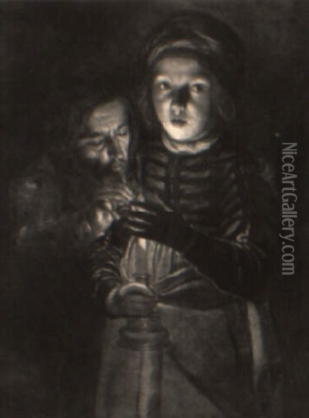 Young Boy Holding A Candle With Man Leaning Over His Shoulder Oil Painting - Adam de Coster