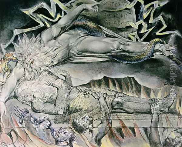 Illustrations of the Book of Job- Job's Evil Dreams, showing Job's God, who has become Satan with cloven hoof and entwined by a serpent 1825 Oil Painting - William Blake