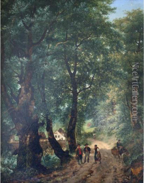 Figures Near A Farm On A Wooded Lane Oil Painting - Giuseppe Ii Canella