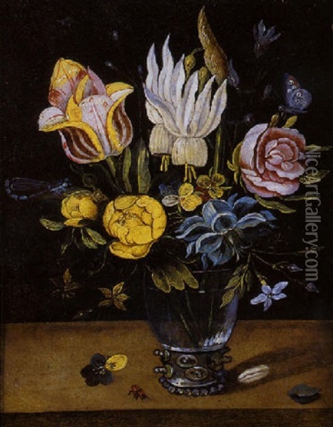 Vase De Fleurs, Fleurs Et Insectes Sur Un Entablement Oil Painting - Jan Baptist Fornenburgh