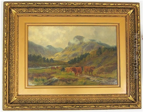 Highland Cattle Grazing In A Mountain Landscape Oil Painting - Louis Bosworth Hurt