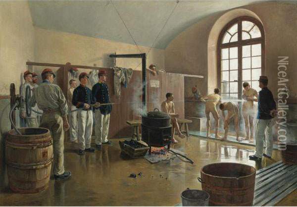 La Douche Au Regiment Oil Painting - Eugene Chaperon