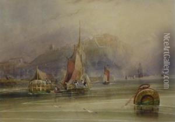 Fishing Boats And Barge Outside Scarborough Harbour Oil Painting - William Clarkson Stanfield