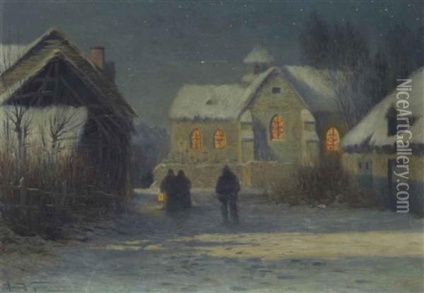 Midnight Mass, Christmas Night In Bertincourt, Champagne Oil Painting - Armand Guery