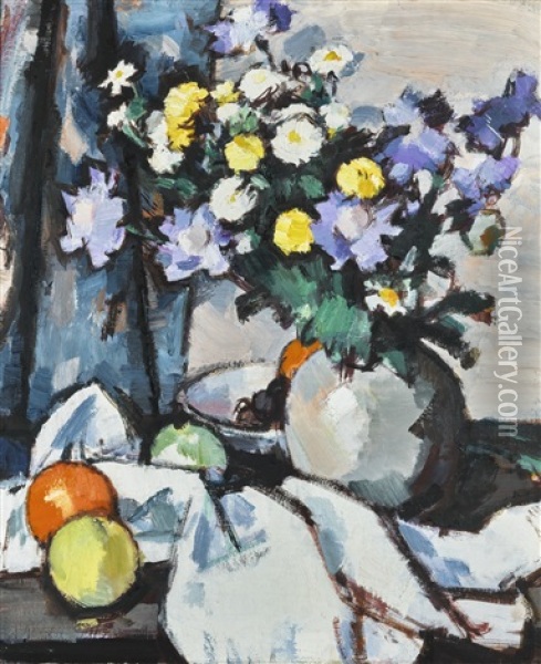 Michaelmas Daisies And Oranges Oil Painting - Samuel John Peploe