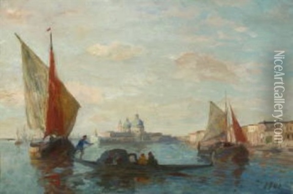 Venedig - Gondel Und Fischerboote Vor S. Maria Della Salute Oil Painting - Thomas Herbst