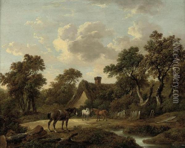 Horses Before A Country Cottage Oil Painting - Charles Towne