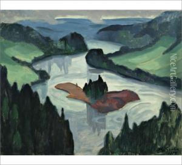 A River Scene Oil Painting - Hjalmar Grahn
