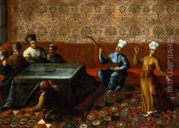 Figures Gathered Round a Kursi with a Musician and a Dancer Performing before Them Oil Painting - Jean Baptiste Vanmour