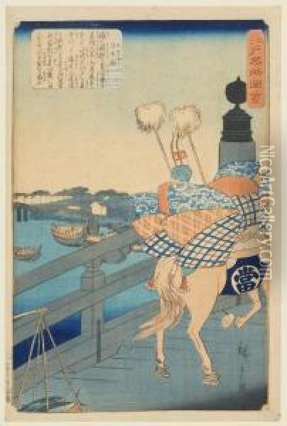 Depicting A Horse Crossing A Bridge. Oil Painting - Ii Hiroshigeando
