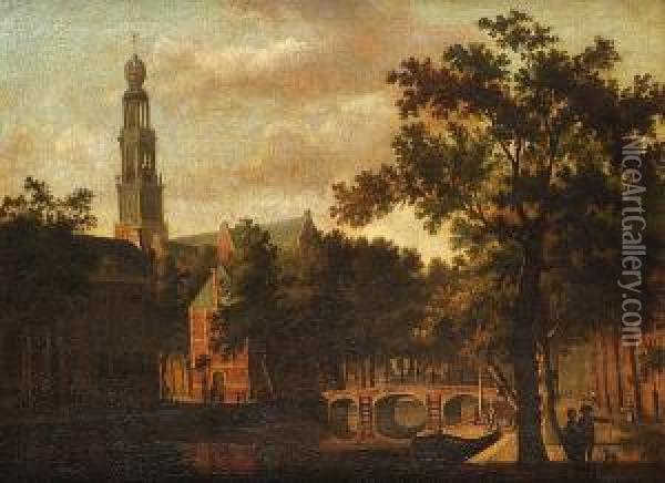 The Westerkerk, Amsterdam, With 
Figures On A Canal Path With A Horse-drawn Carriage Crossing A Bridge 
Beyond Oil Painting - Paulus Constantin La Fargue