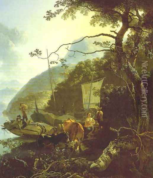 Boatmen Moored on the Shore of an Italian Lake 1668 Oil Painting - Adam Pynacker