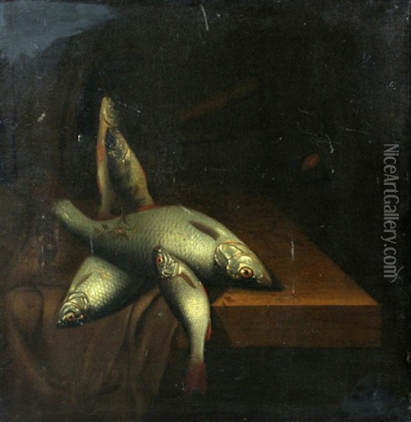Een Stilleven Van Drie Ruisvoorns, Een Baarsje En Vissersattributen Oil Painting - Jakob Gillig