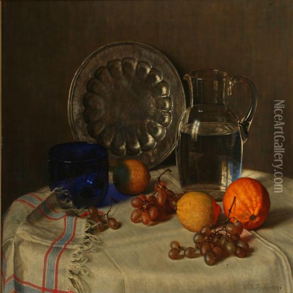 Still Life With Jug, Dish, Bowl And Fruits On A Table Oil Painting - Wilhelm Andersen