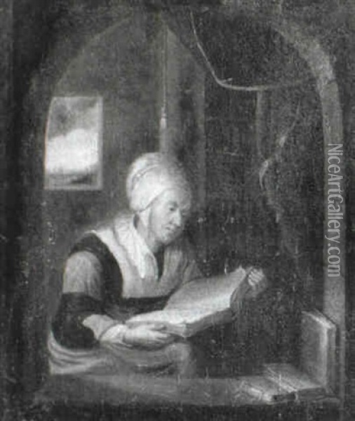 Old Lady In Interior Reading A Book Oil Painting - Gerrit Dou