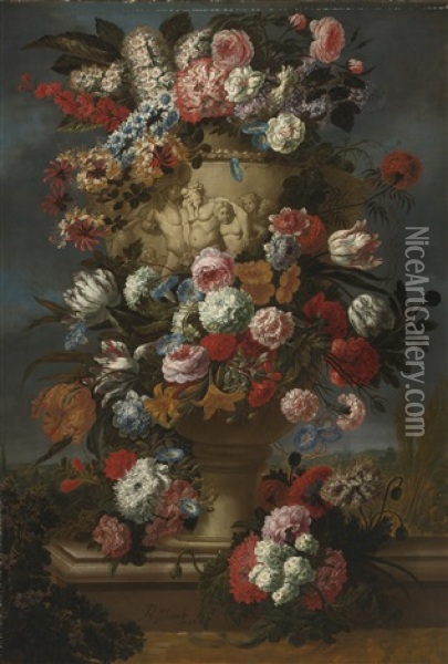 Flowers In A Sculpted Urn In A Landscape Oil Painting - Jan-Baptiste Bosschaert