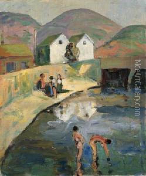 Bathers At Corinthian Island, Belvedere Oil Painting - Selden Connor Gile