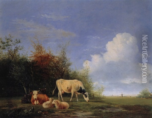 Landschaft Mit Windmuhle, Schafen Und Kuhen Oil Painting - Johannes Jacobus (Jan) Heppener