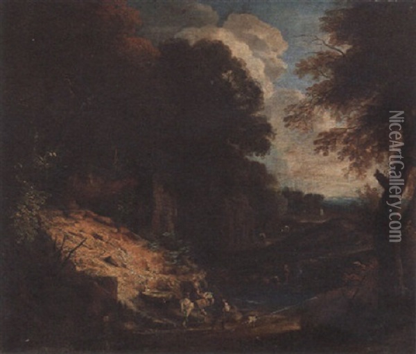 A Wooded River Landscape With Travellers On A Path, A House Beyond Oil Painting - Lucas Achtschellinck