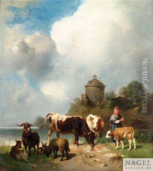 Weidende Tiere Mit Hirtin Am Seeufer Oil Painting - Wilhelm Friedrich Frey