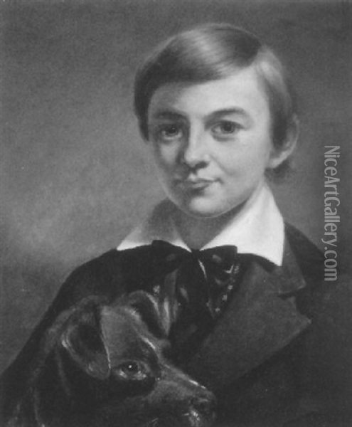 Portrait Of Manley Hardy, Age Eleven Wih His Dog Oil Painting - Jeremiah P. Hardy
