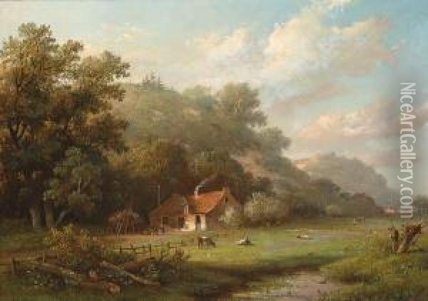 Landscape With Cows By A Farm Oil Painting - Johannes Pieter Van Wisselingh