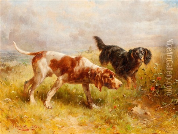 Zwei Jagdhunde Auf Der Pirsch Oil Painting - Carl Reichert
