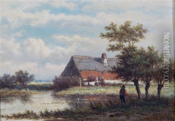 Dutch Landcape With Fisherman Oil Painting - Willem Roelofs