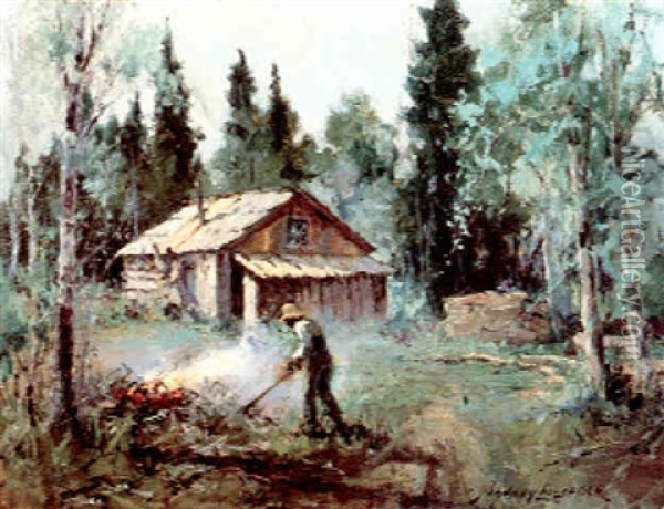 Home At Moose Heart/tending The Fire Oil Painting - Sydney Mortimer Laurence