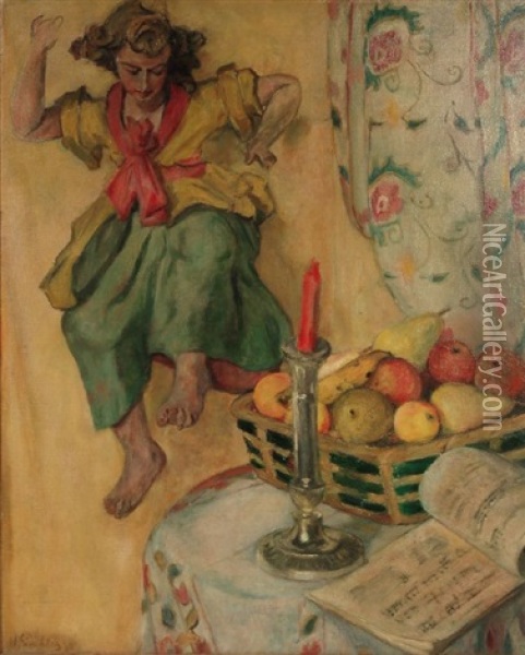 Engel Und Stilleben Mit Fruchten, Noten Und Kerze Oil Painting - Eduard Einschlag